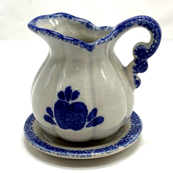 Spongeware Pitcher with Blue Apple Pottery Country Folk Craft Crazing - Picture 1 of 6